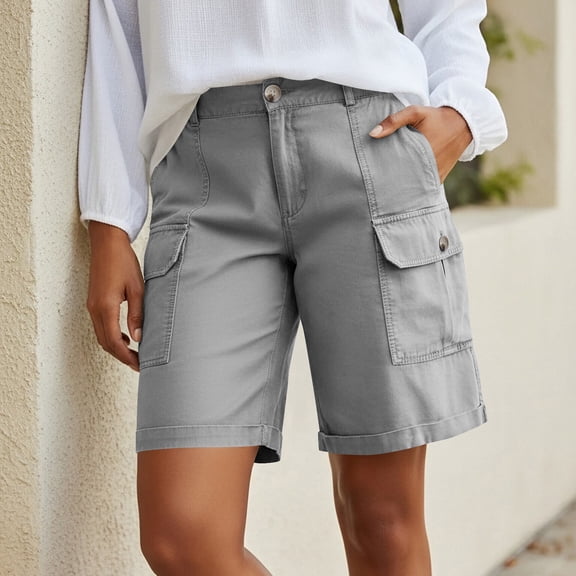Nuoqisi Bermuda Cargo Shorts for Women Casual Knee Length High Waisted Stretch Wide Leg Relaxed Fit Shorts with Pockets