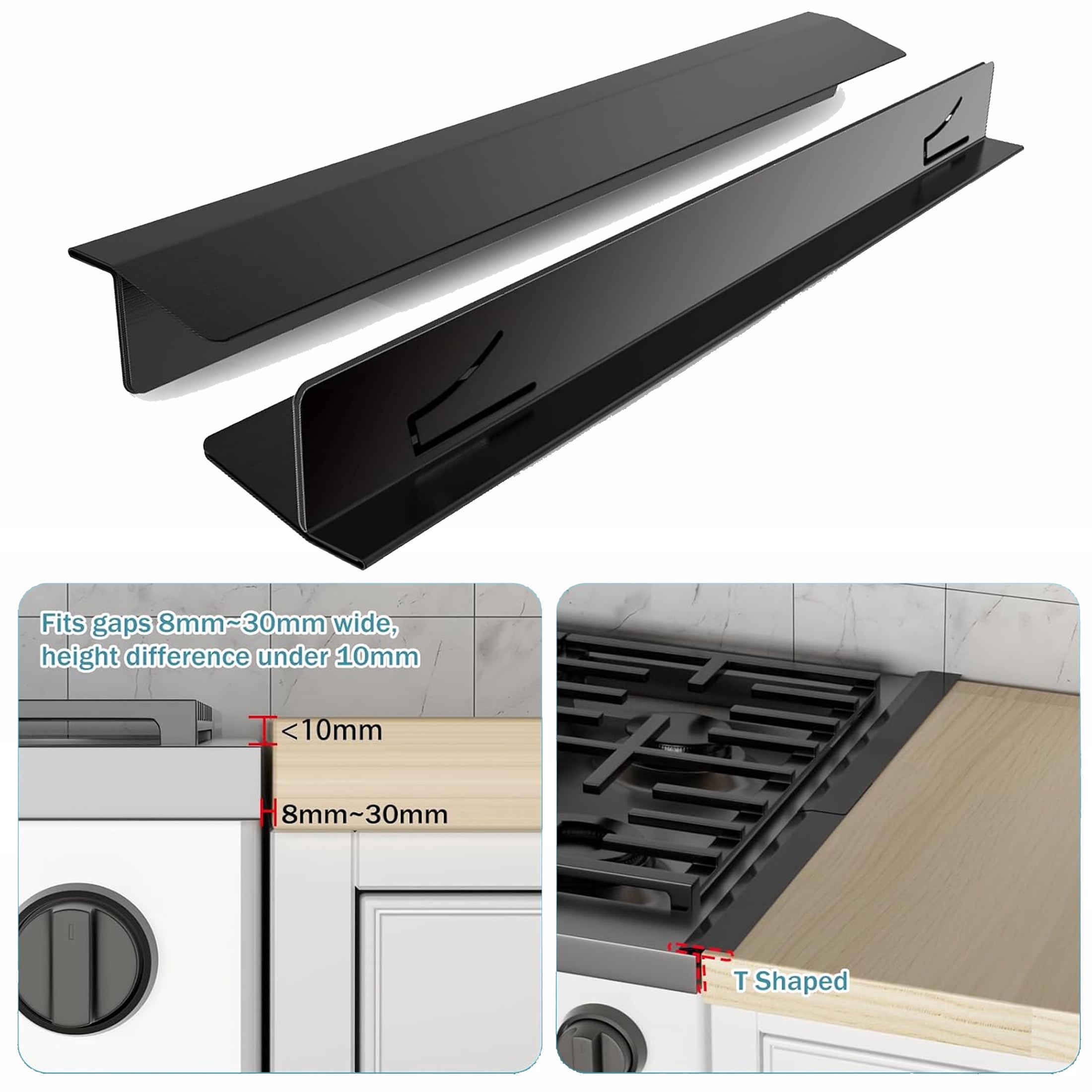 2 Pack Stainless Steel Stove Gap Covers, Stove Gap Filler for Kitchen for Kitchen, Adjustable Length 13.8" to 27.5" (T Shape, Black)
