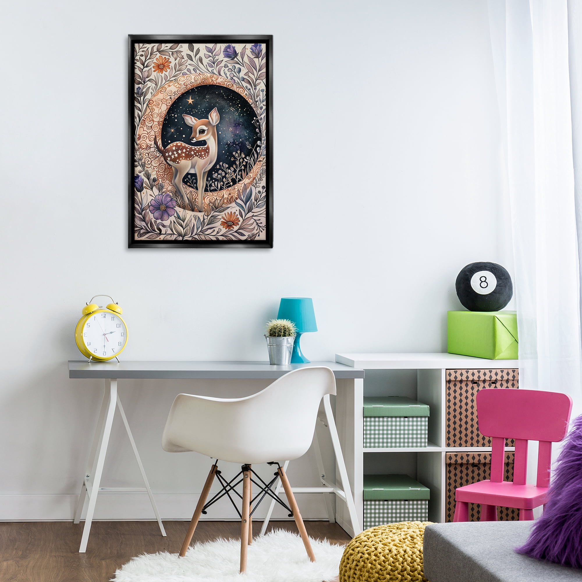 Stupell Industries Floral Fawn & Moon Animals & Insects Painting Black Floater Framed Art Print Wall Art, 21 x 31