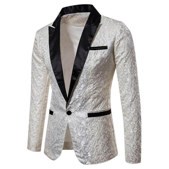 Fgnfyis Suit Jacket for Men Mens Fashion Casual Business Pattern Long Sleeved Lapel Suit with Sequin Buttons and Pocket Jackets for Men White XXL