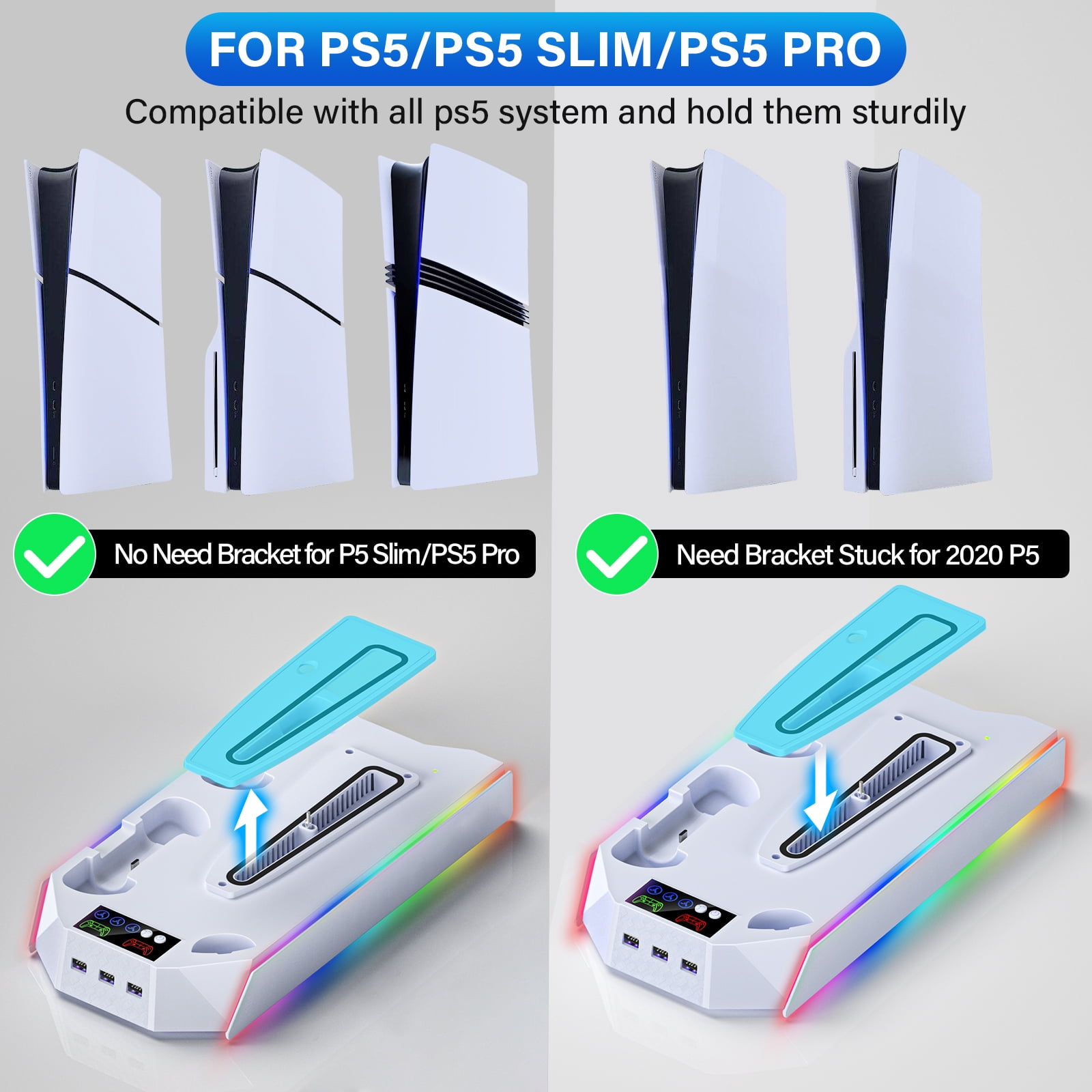PS5 Stand with Cooling Fan,ZRZLMVP PS5 Cooling Station with Dual Controller Charging Station for PS5 Slim/Pro/Standard,3H Fast Charging/3 Speed Airflow/3 USB Ports/3 Lights-White