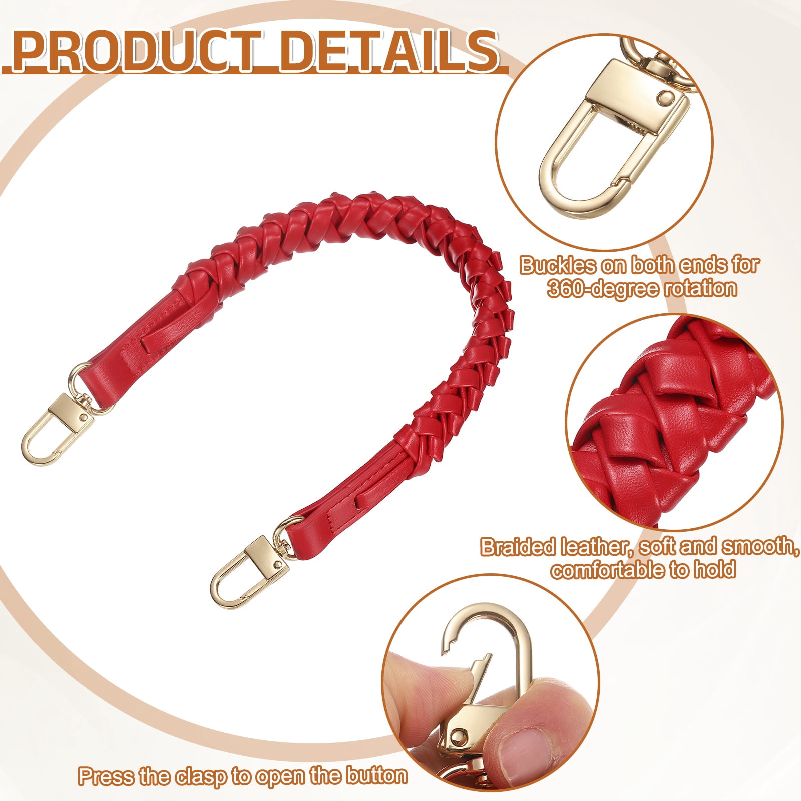 Braided Purse Strap, 2Pack 44.7cm/17.6" Red PU Leather with Gold Buckles for Underarm Bags, Handbags