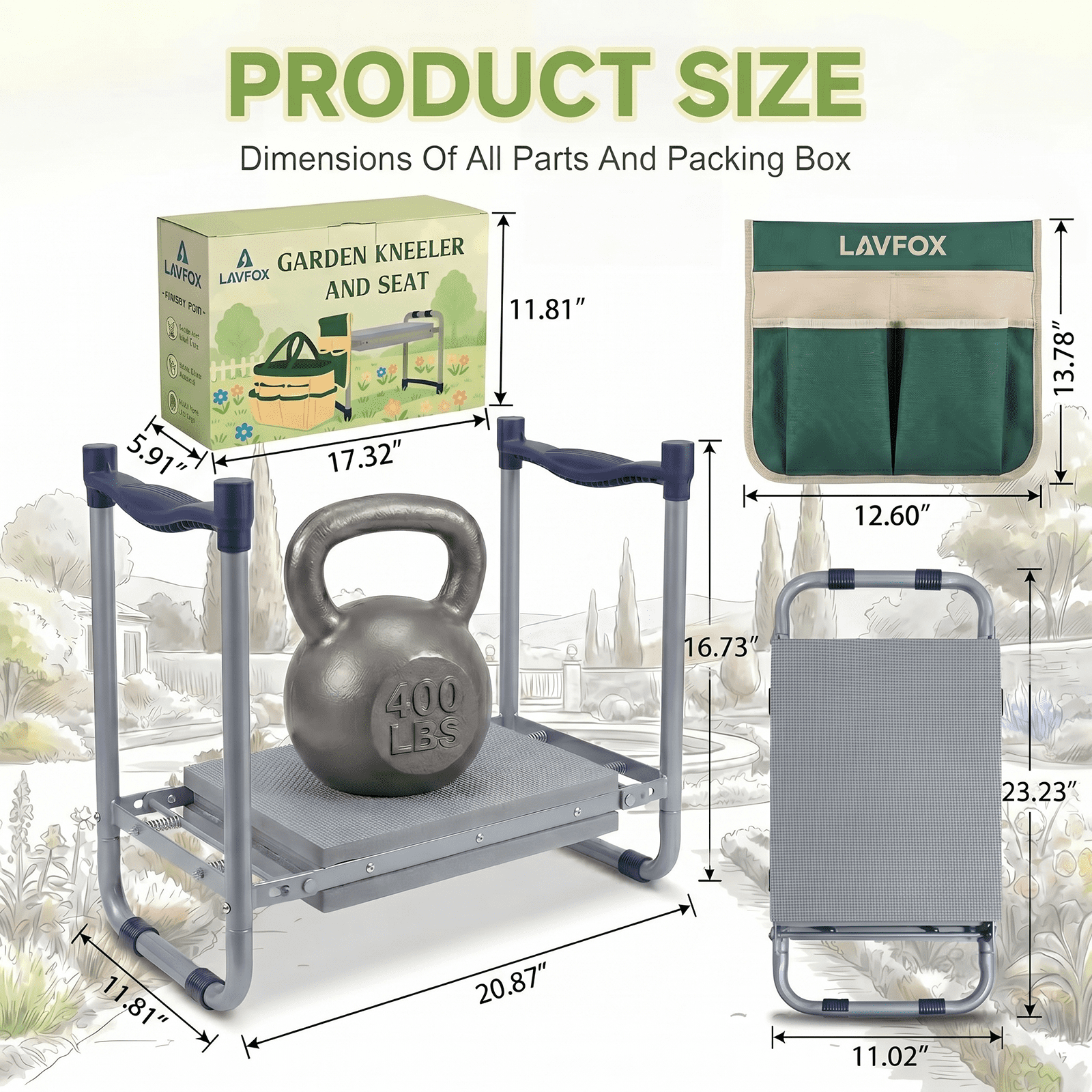 LAVFOX Heavy Duty Garden Kneeler Stool, Foldable 2-in-1 Gardening Bench Seat with Wider Thick EVA Pad, Portable Storage Tool Bag, Practical Garden Gifts for Seniors, Women, and Men