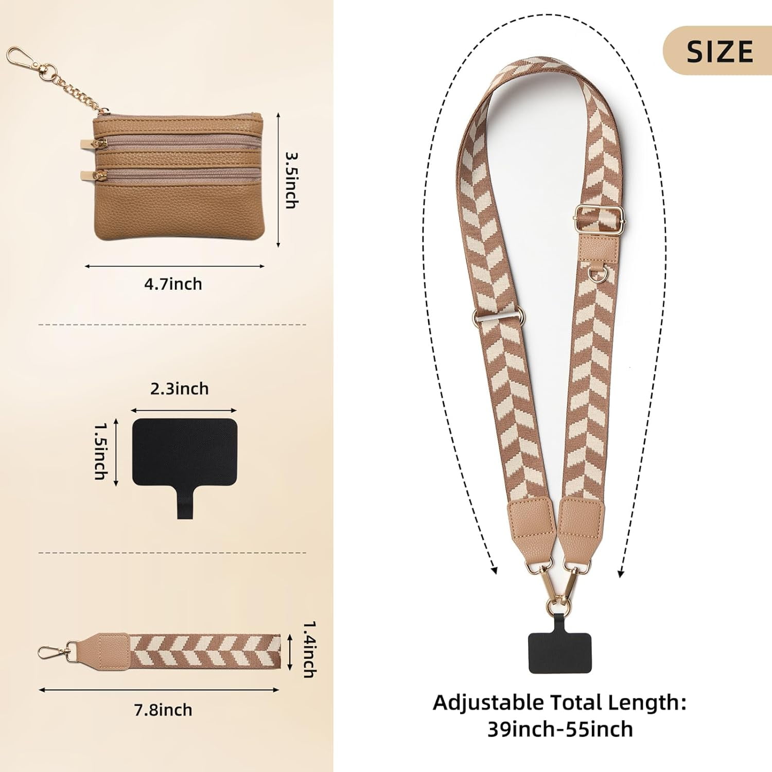 Crossbody Phone Strap with Zippered Pouch,Clip and Go Strap for Phone with Wallet,Adjustable Phone Lanyard Wrist Strap