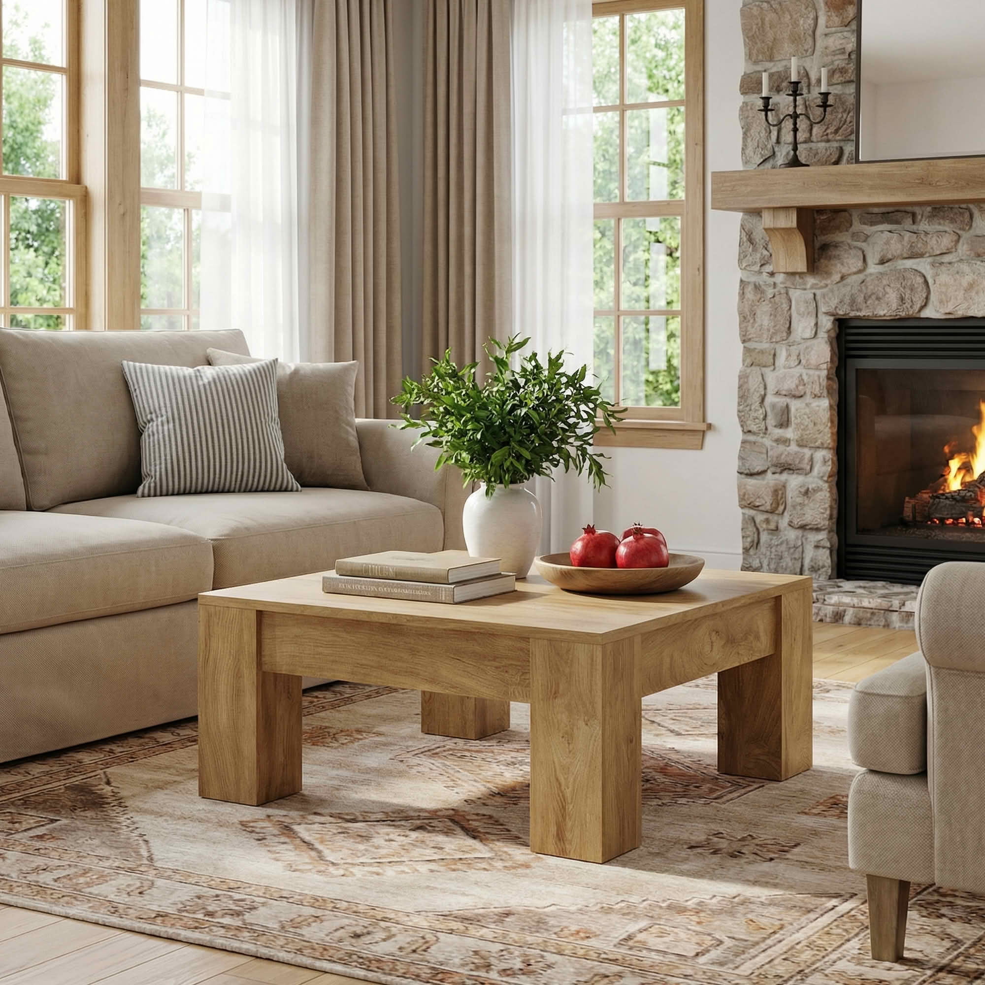 MAYEETY 39 Inch Farmhouse Square Wooden Coffee Table Living Room Center Table