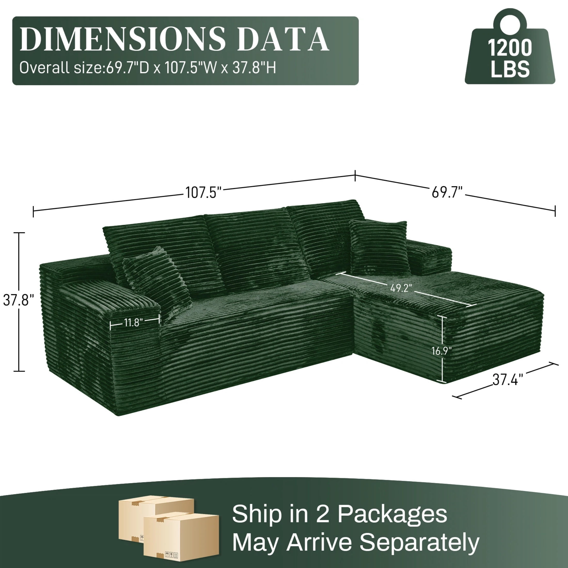 AISWORD 107.5" Corduroy Boneless L Shaped Modular Sectional Sofa with Right Facing Chaise, Deep Seat Compressed Couch with Throw Pillows, No Assembly Required, Green