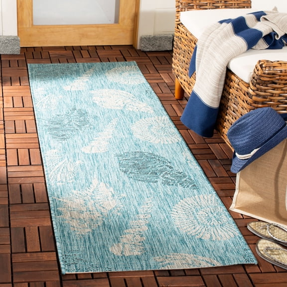 SAFAVIEH Courtyard Larry Seashells Indoor/Outdoor Runner, 2'3" x 6'7", Aqua/Cream