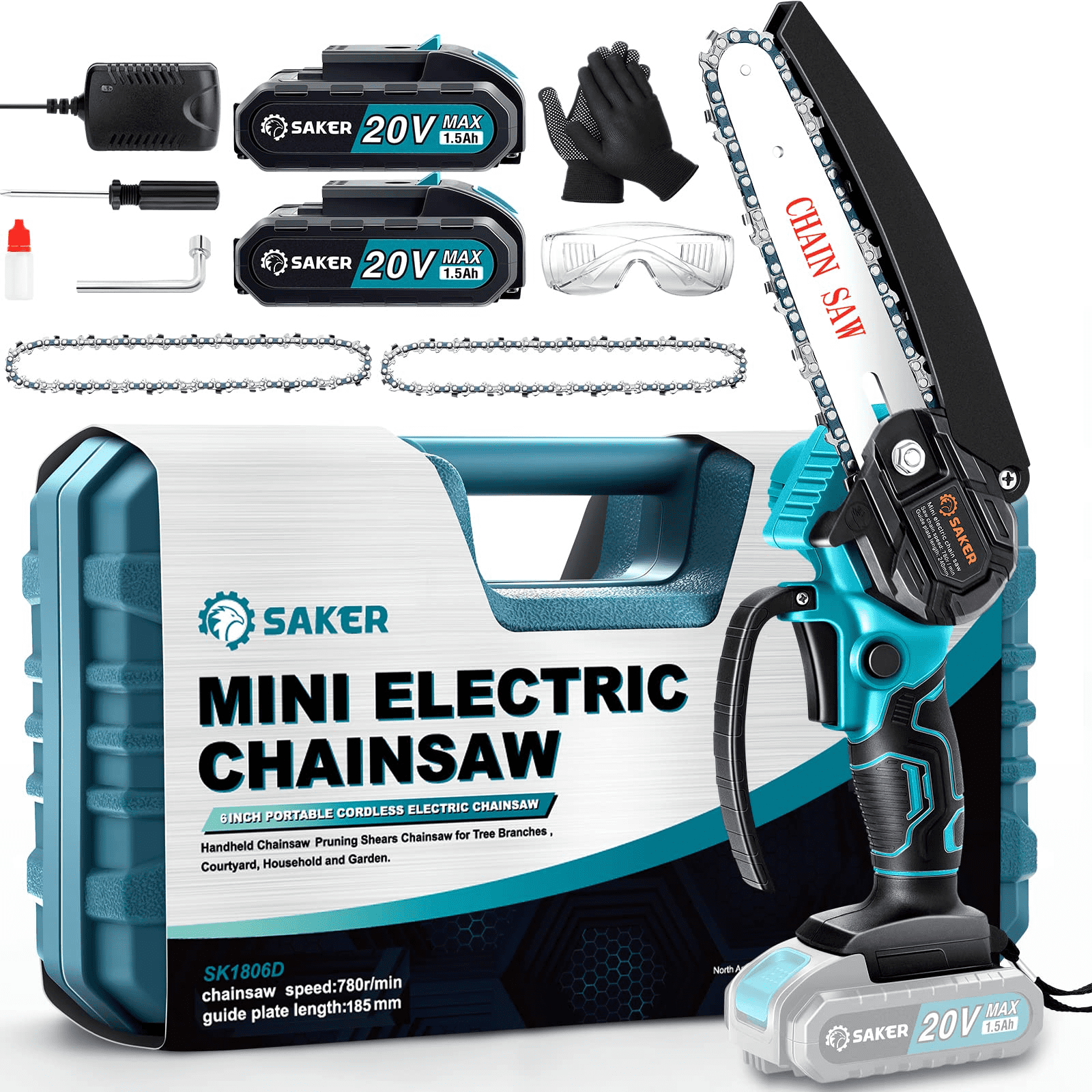 Saker 6 Inch Portable Electric Chainsaw Cordless, Handheld Mini