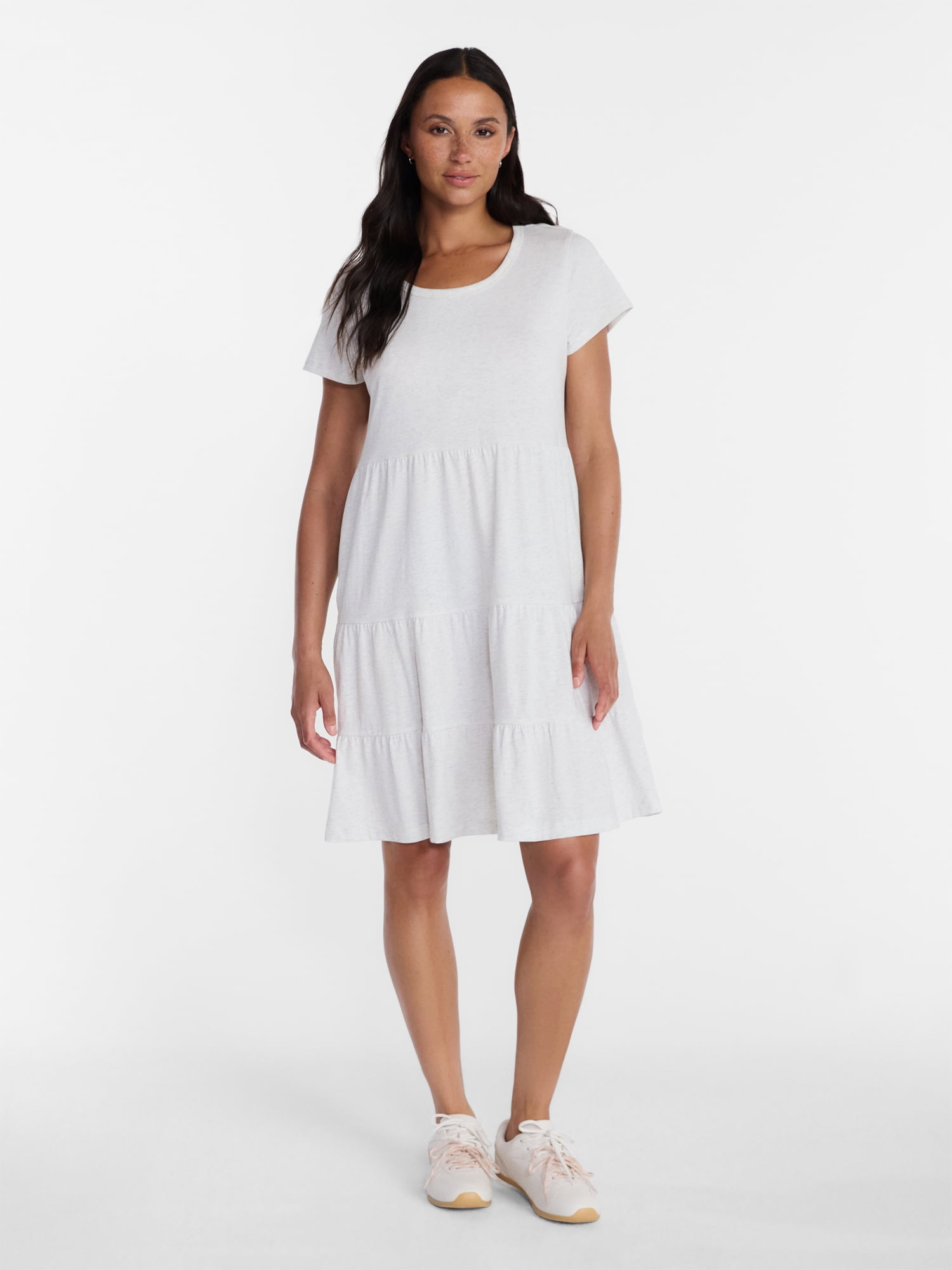 Time and Tru Women's Tiered Cotton Mini Dress with Short Sleeves, Sizes XS-XXXL