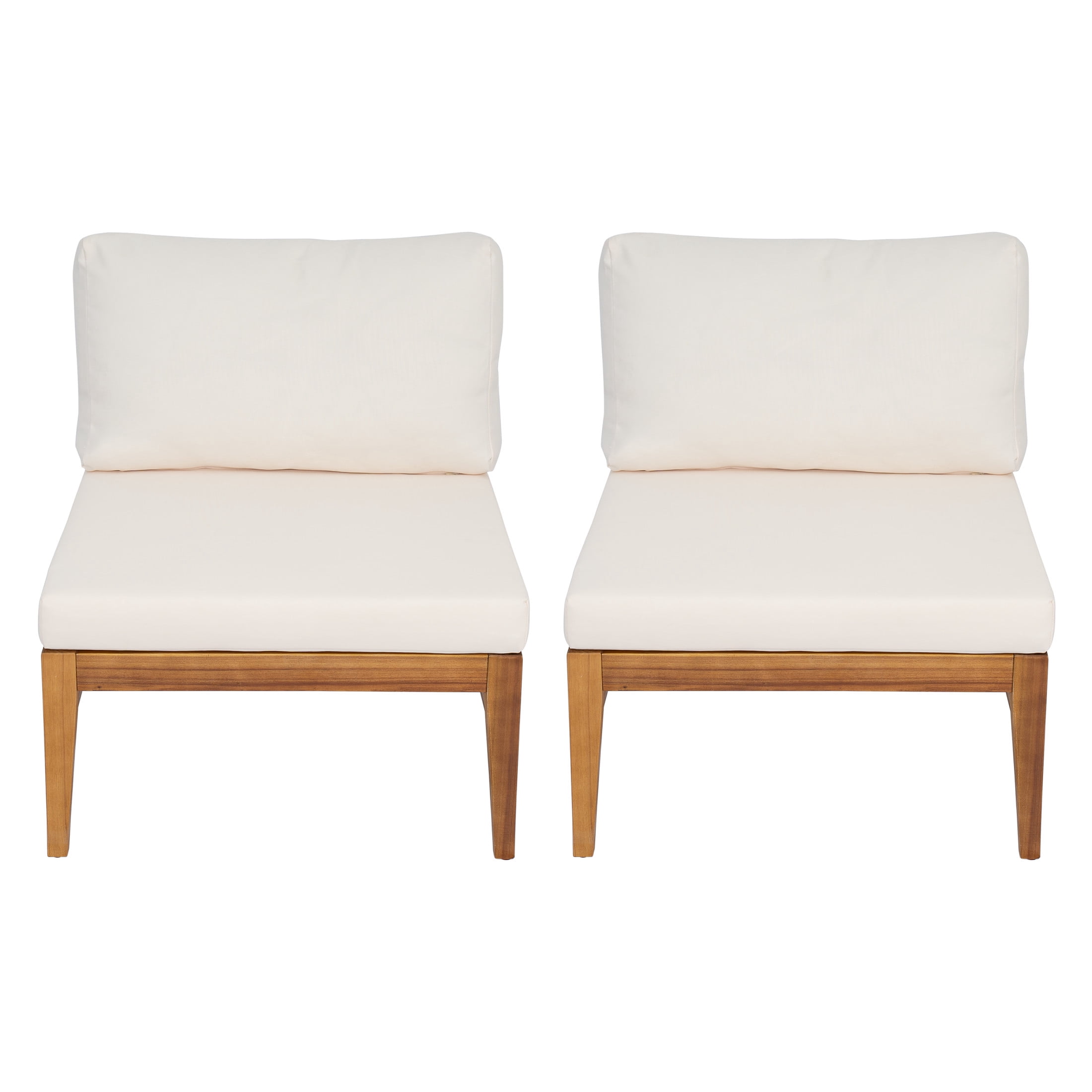 Christopher Knight Home Outdoor Patio Armless Deep Seating Chairs, Acacia Wood Frame, Cream Cushions, Teak, Set of 2