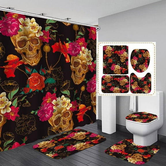 4PCS Skull Shower Curtain Set with Rugs,Fantasy Flame/Skeleton/Fires/Flowers Bathroom Sets Halloween Shower Curtains Fabric Waterproof Bathroom Curtains Shower Sets Bath Curtains for Holiday Hotels