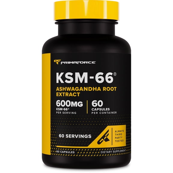 PrimaForce KSM-66 Ashwagandha Root Extract (600mg) 60 Veggie Capsules - High Potency 5% Withanolides with BioPerine