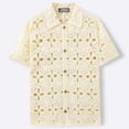 thumbnail image 4 of YLSDY Men's Openwork Crochet Camp Collar Shirt, Allover Floral Medallion Pattern, Short Sleeve Button-Down Summer Top Beige M, 4 of 6