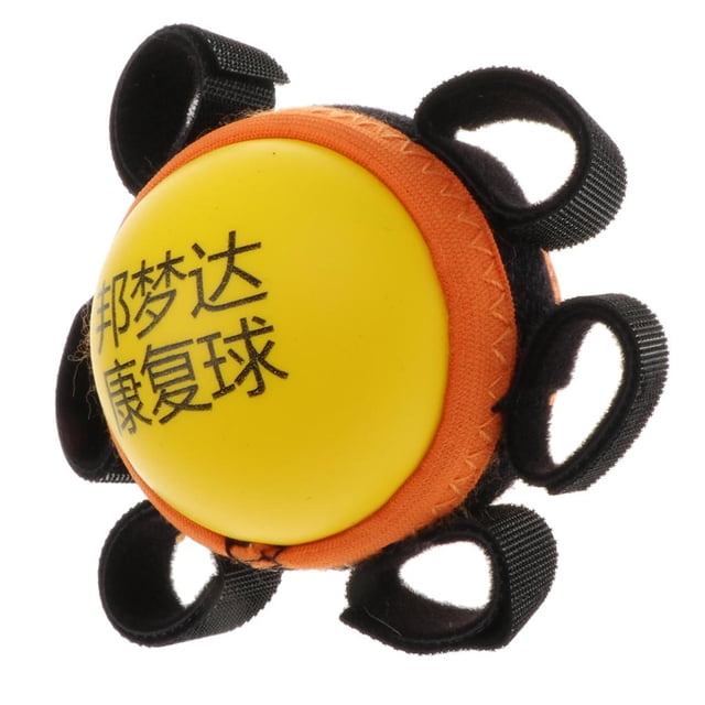 pelota de fitness portátil: alivia el estrés, pelotas para apretar, ejercicio de mano, agarre de s amarillos jinwen los dedos recuperan el masajeador 3/4 frontal de la bola de agarre amarilla Jinwen con funda naranja y cinco lazos negros para los dedos, diámetro aprox. 6 cm (2.4 in), superficie lisa con texto impreso en chino; indicada para entrenamiento de agarre de manos y antebrazos y a menudo usada como ayuda portátil para ejercitar la fuerza de agarre durante viajes.