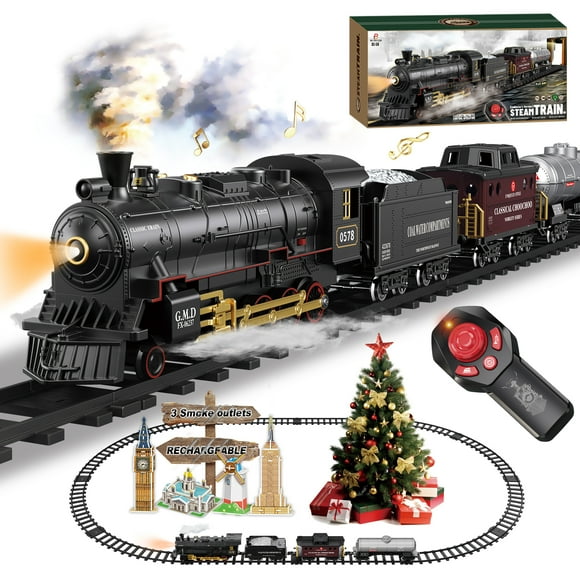 UFULMN Electric Remote Control Train Set Christmas Train Steam Locomotive Cargo Car & Tracks Birthday for Boys Girls