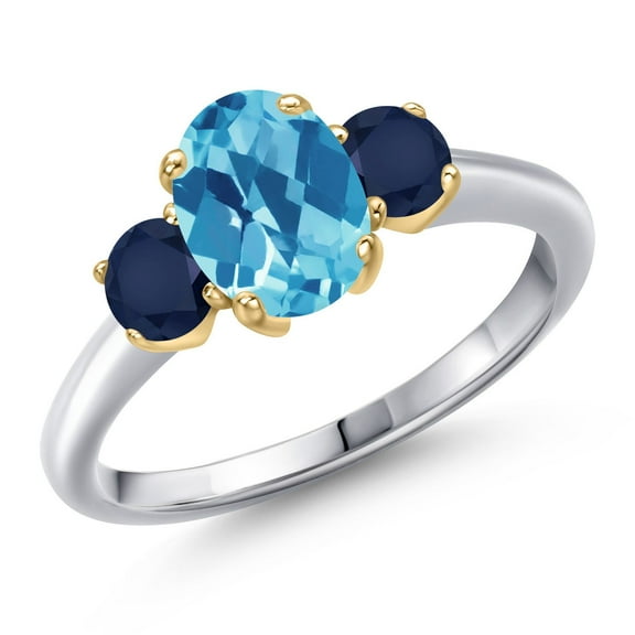Gem Stone King 10K Two Tone Gold Swiss Blue Topaz and Blue Sapphire Engagement Ring for Women | 2.00 Cttw | Oval Checkerboard 8X6MM | Gemstone November Birthstone | Size 5