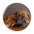thumbnail image 1 of Boxer Puppy Dog Sleeping on Guitar Pinback Button Pin, 1 of 5