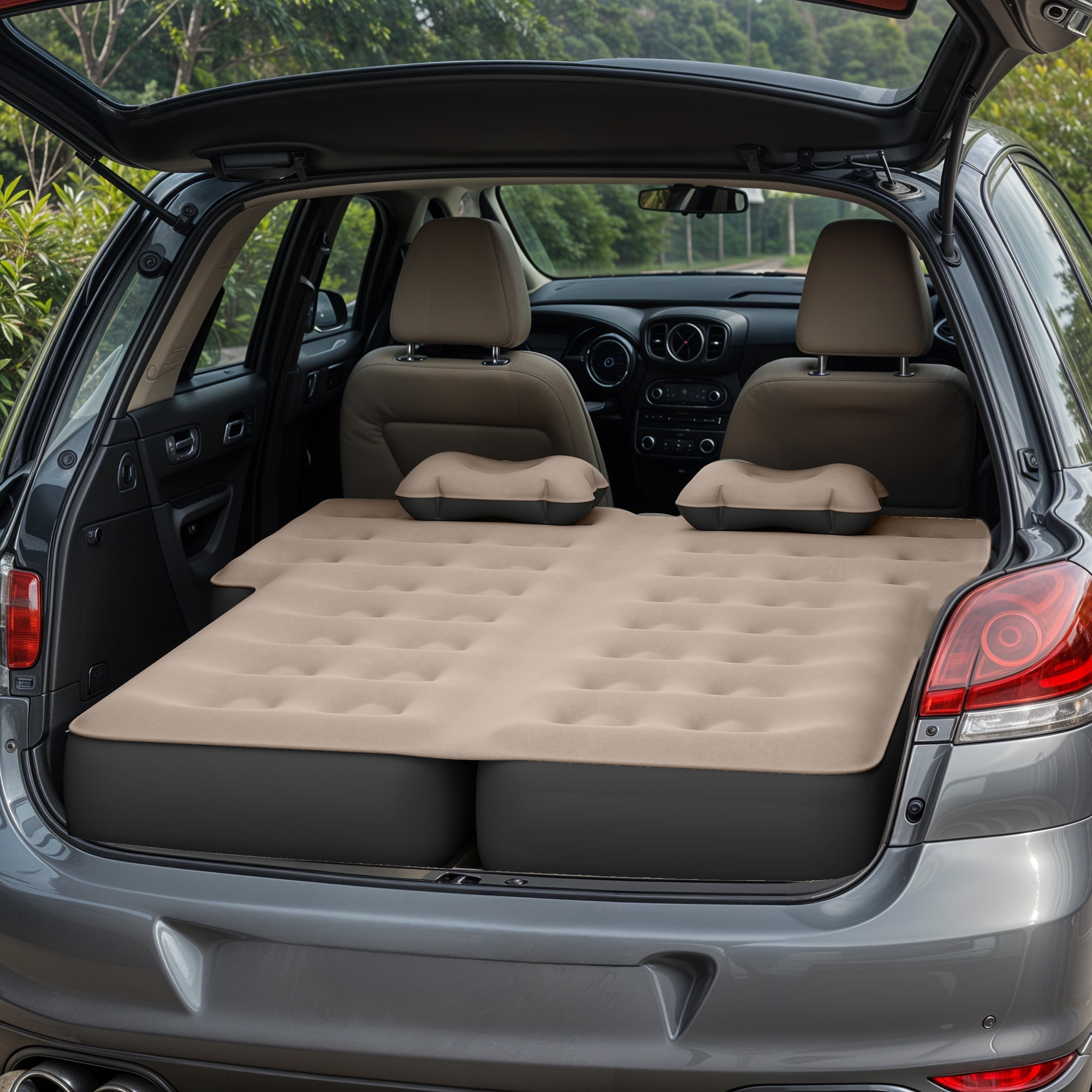 Dextrus Inflatable Car Air Mattress with Pump, Portable SUV Air Bed with Pillows for Camping, Home, Travel, Brown