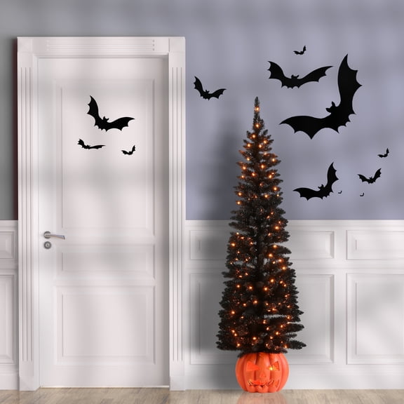 National Tree Company 6 ft. Pre-Lit Artificial Halloween Half Tree, Black, Jack-o-Lantern Base, 200 Orange Lights