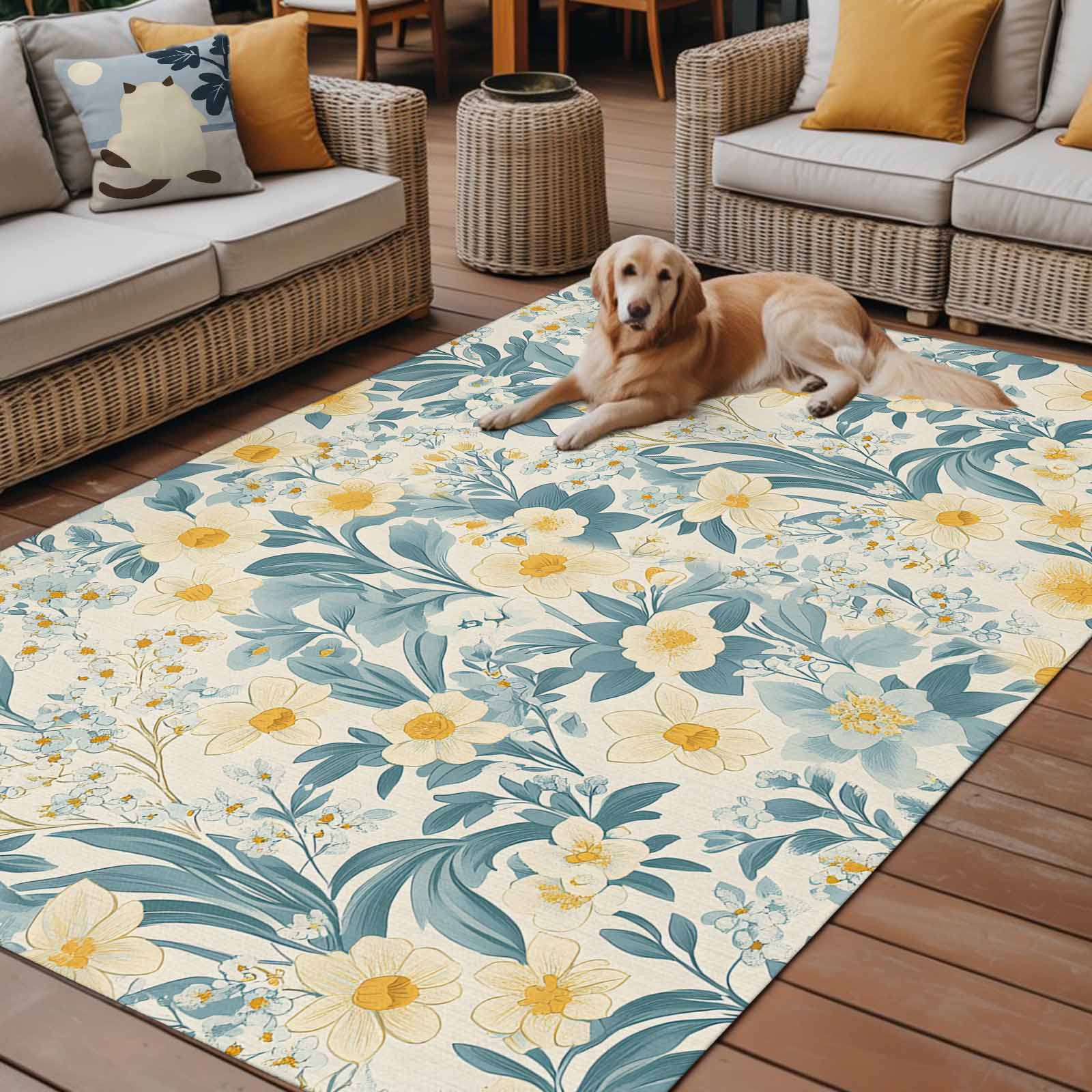 Fsddascl Spring Meadow Blooms Outdoor Rug for Patio/Deck/Porch, Non-Slip Large Area Rug 5 x 8 Ft, Teal Yellow Botanical Indoor Outdoor Rugs Washable Area Rugs, Reversible Camping Rug Carpet Runner