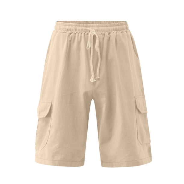 Pantalones cortos cargo informales para hombre - Diseño con cordón y múltiples bolsillos - Mezcla de lino ligera - Para la playa y el deporte