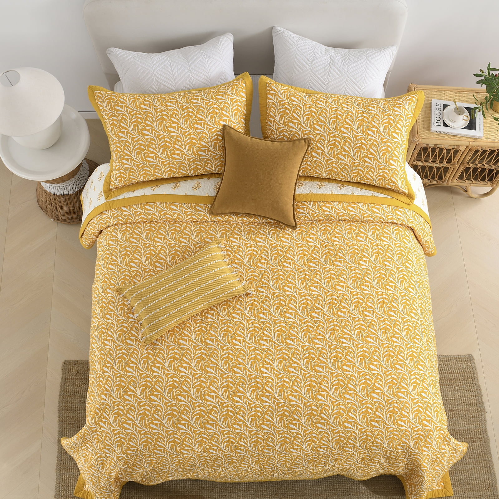 DUOHONG Queen Quilt Set 100% Cotton Farmhouse Lightweight Bedding Set, White/Tangerine Yellow, 90"W x 98"L