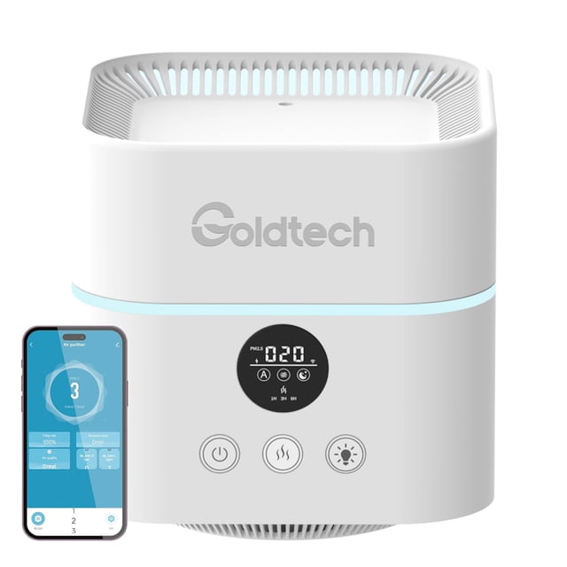 Goldtech Air Purifier and Humidifier Combo for Bedroom Up to 200Ft²,H13 True HEPA Filter Desk Air Purifiers with Smart WiFi,50