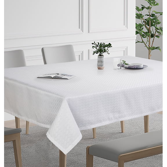 Violet Linen European Novelties Ribbed Striped Pattern, Polyester Woven Jacquard, White , 60 Inch by 120 Inch, Seats 10 to 12 people, Rectangular Tablecloths