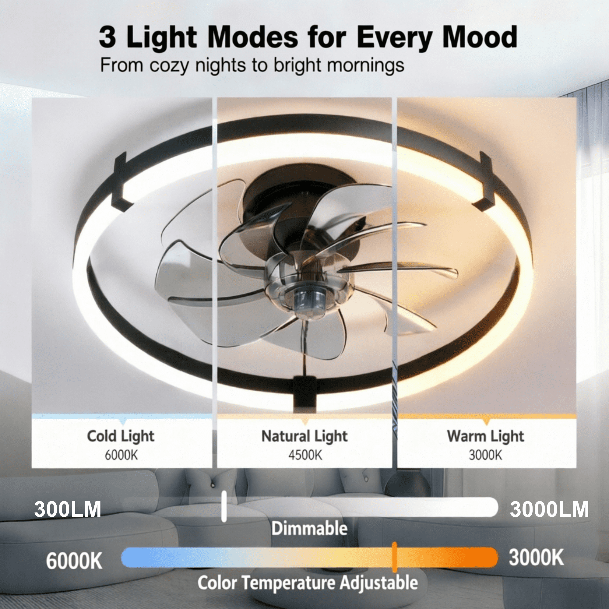 Ceiling Fan with Light and Remote & APP, 20" Low Profile Ceiling Fan, 3 Color Flush Mount Dimmable LED Fan Light, Reversible 6 Wind Speeds, Timing Setting Fan for Bedroom