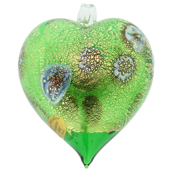 GlassOfVenice Murano Glass Millefiori Heart Christmas Ornament - Green Gold