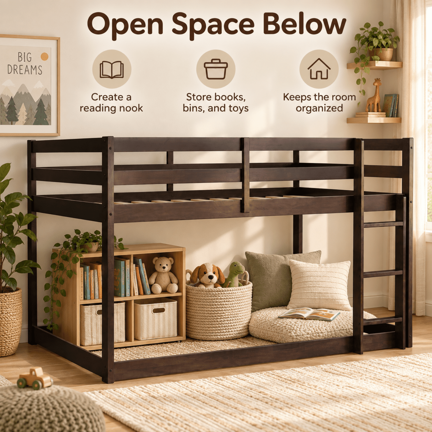 Miniyam Wood Twin over Twin Floor Bunk Bed with Ladder and Guardrails, Espresso