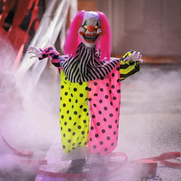 35 1/2" Animated Standing Clown with Pink Hair & Leather Shoes Halloween Decoration