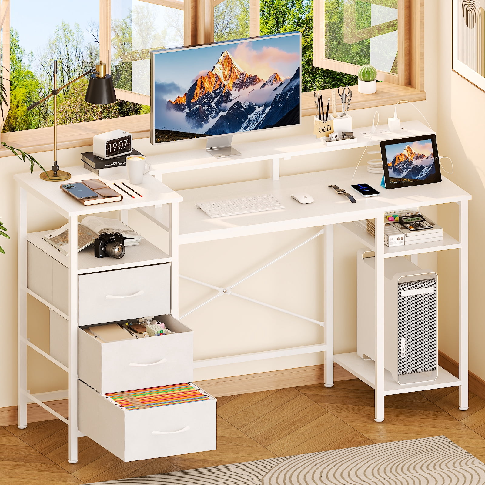 Ktaxon L-Shape Computer Desk with Charging Station 47 Inch Gaming Desk Concer PC Laptop Table with Drawers & Storage Shelves Workstation, White