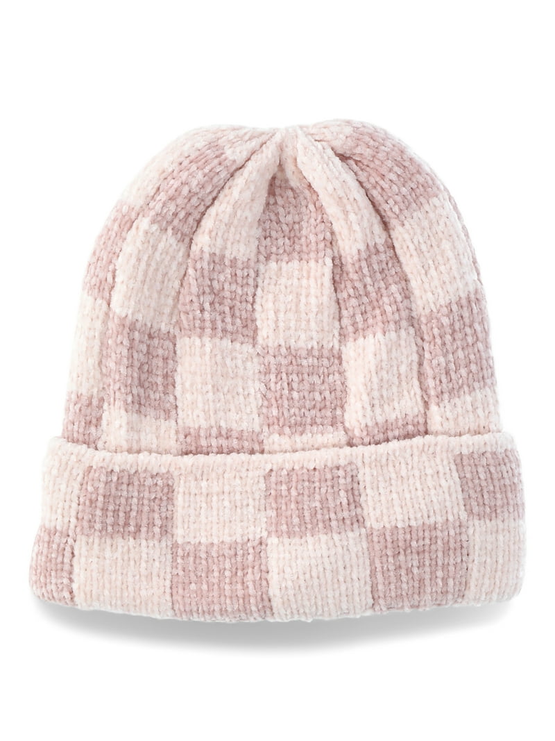Madden NYC Women's Blush Checker Beanie Fingerless Glove Set