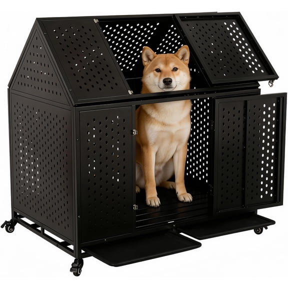 44 Inch Heavy Duty Indestructible Dog Crate with Wheels, Steel Escape-Proof Indoor Double Door High Anxiety Cage, Durable Chew-Proof Strong Kennel with Removable Tray for Large Medium Dogs