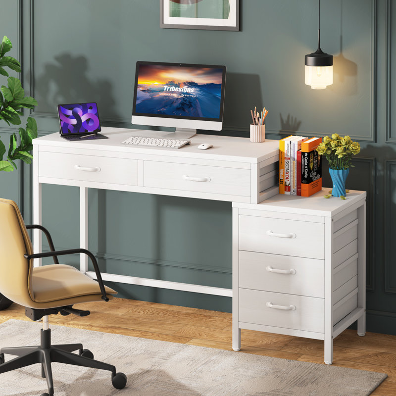 Tribesigns Computer Desk with 5 Drawers, Home Office Desks with Reversible Drawer Cabinet Printer Stand, Industrial PC Desk with Storage, Rustic Study Writing Table Workstation for Small Spaces