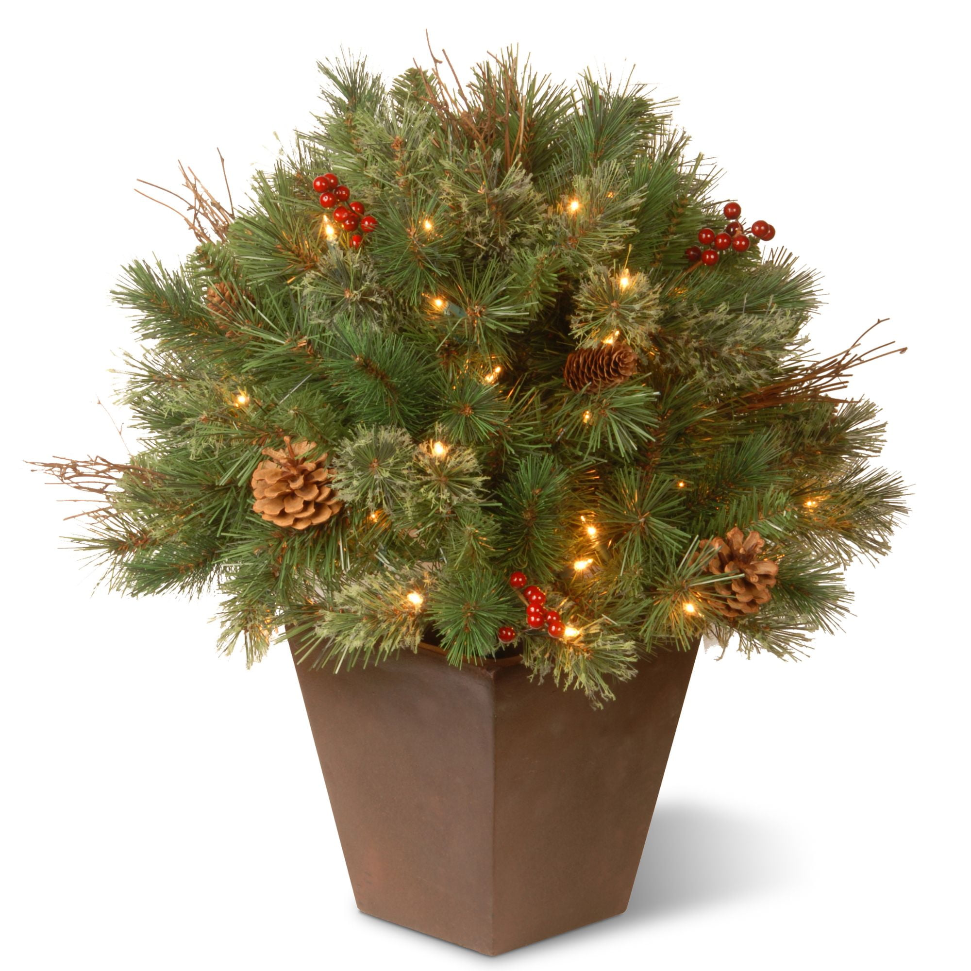 24” Prelit Potted Glistening Pine Porch Bush Artificial Christmas Tree