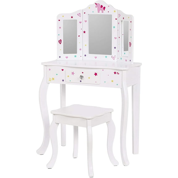 UTEX Pretend Play Kids Vanity Table and Chair Vanity Set with Mirror Makeup Dressing Table with Drawer,Play Vanity Set,White