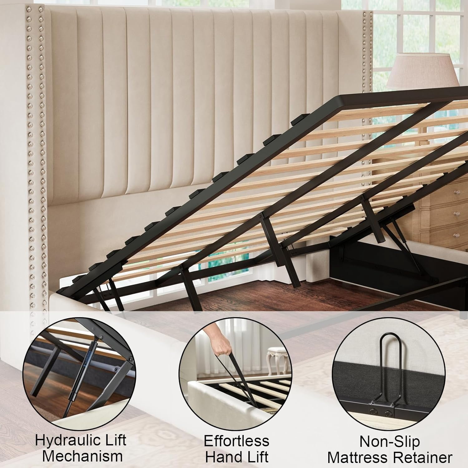 Merluxy King Bed Frame Lift Up Storage Bed, Velvet King Upholstered Bed Frame/Channel Tufted Wingback Headborad/No Box Spring Needed/Cream
