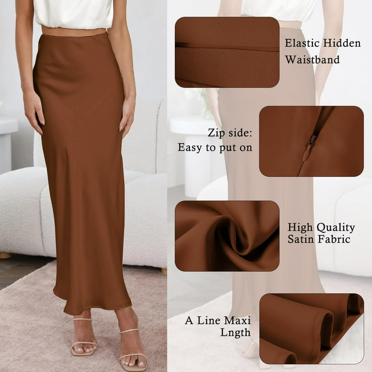 Women s Satin High Waisted Maxi Skirts Hidden Elasticized Waistband A Line Long Skirt