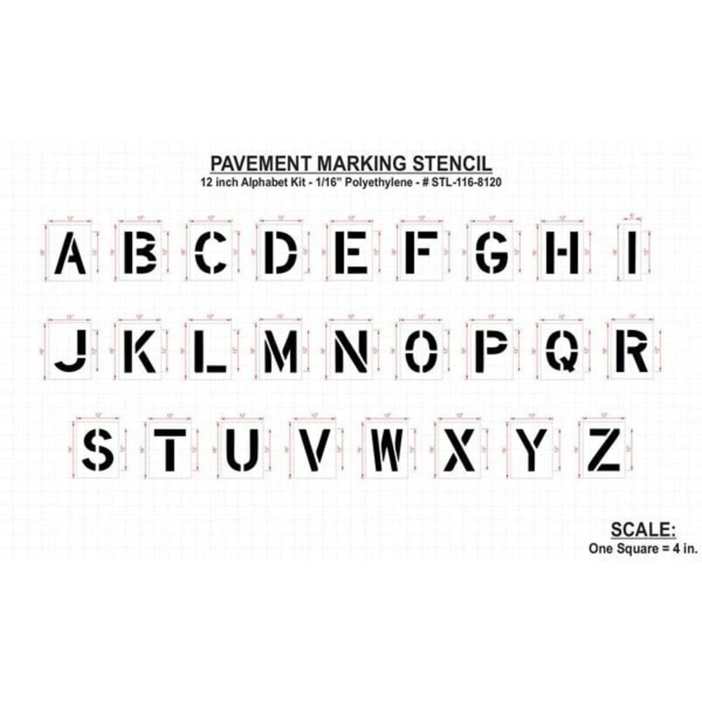 Pavement Stencil, Letter Set, A Thru Z, Blanks, 12 in Character Height, Highway Gothic Font, Clear