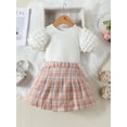 thumbnail image 2 of FEORJGP Toddler Girl Summer Outfit Kids Baby Short Sleeve T-shirt Crew Neck Pullover Solid Ribbed Bubble Tops with Plaid Print A-Line Skirt Set Little Girls Cute Fashion 2Pcs Daily Clothes, 2 of 9