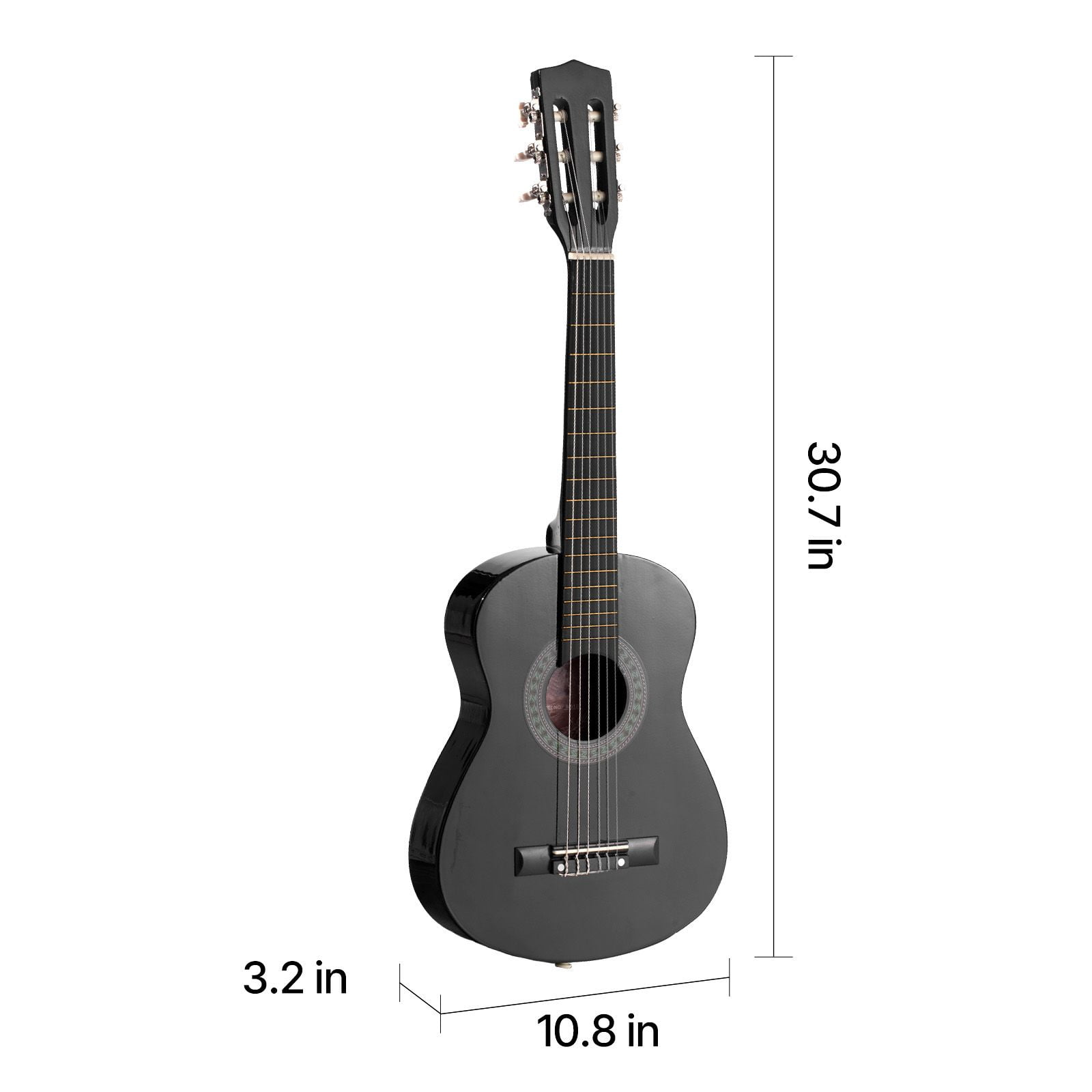 30 inch classical guitar starter kit, nylon strings, wooden, with guitar case, tuner, strap, black