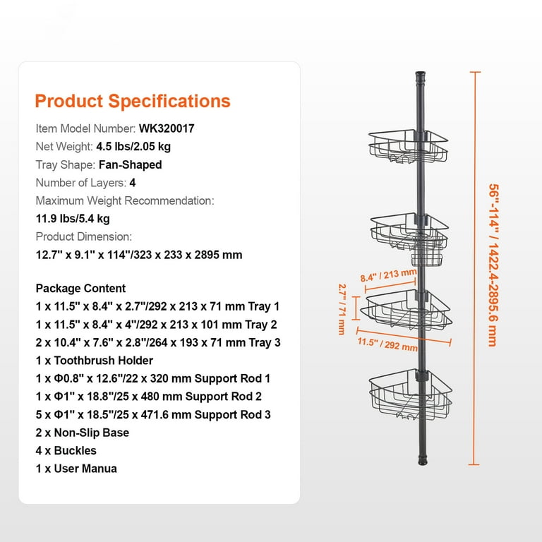 KFFKFF Tension Rod Shower Caddy, Adjustable Height from 56" to 114", Versatile Shower Tension Rod with Robust Tray Capacity, Corrosion-Resistant and Simple to Set Up