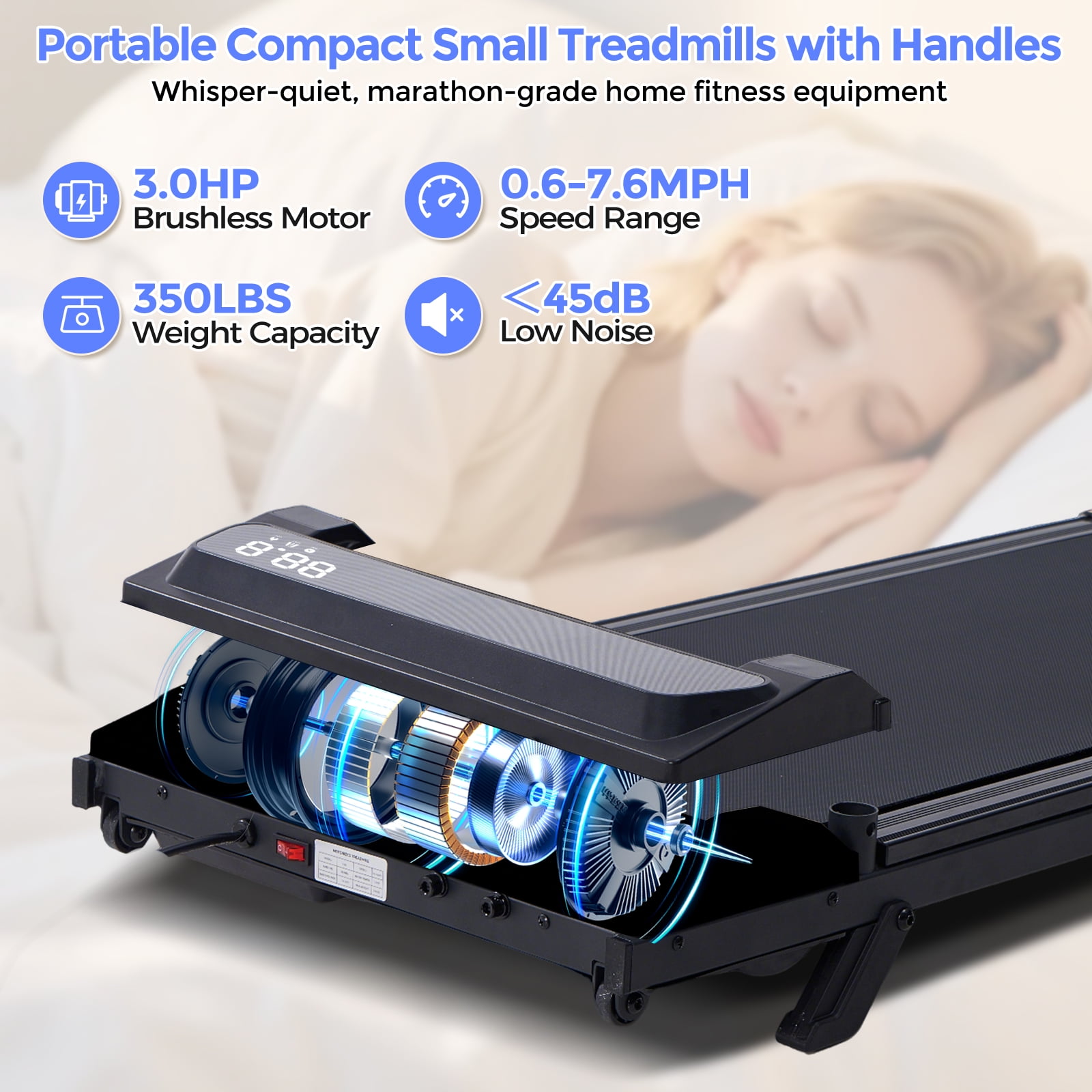 HevGlrm Walking Pad Treadmills with Incline and Handles, Portable Under Desk Treadmills for Home Office, Compact Electric Treadmill with Handle Bar,3.0HP, 350lbs