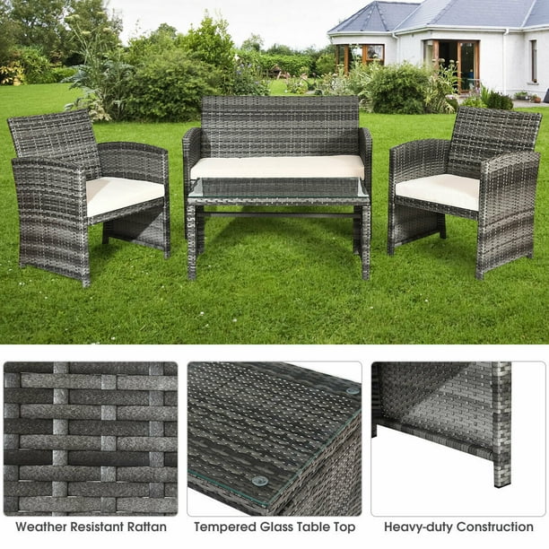 Costway 4 pc rattan patio furniture set garden lawn clearance sofa cushioned seat mix gray wicker
