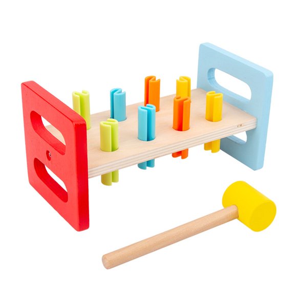Hammer and Pounding Toy Wooden Pounding Bench Toy with Mallet Early Educational Toy for Toddlers above 3 Years Old Inclusive of Nails of 4 Different Colors