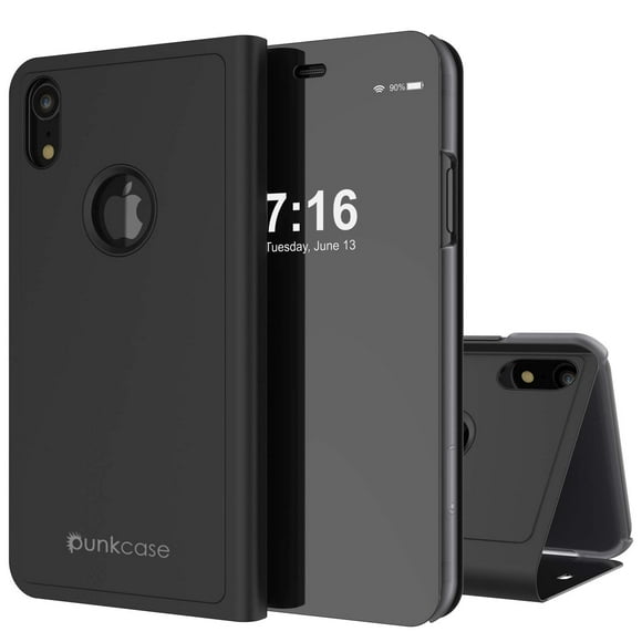 PunkCase iPhone XR Reflector Case Protective Flip Cover W/Scratch Resistant Semi Translucent Mirror Front & Non-Slip PU Leather Back Integrated Kickstand Compatible W/Apple iPhone XR (Black)