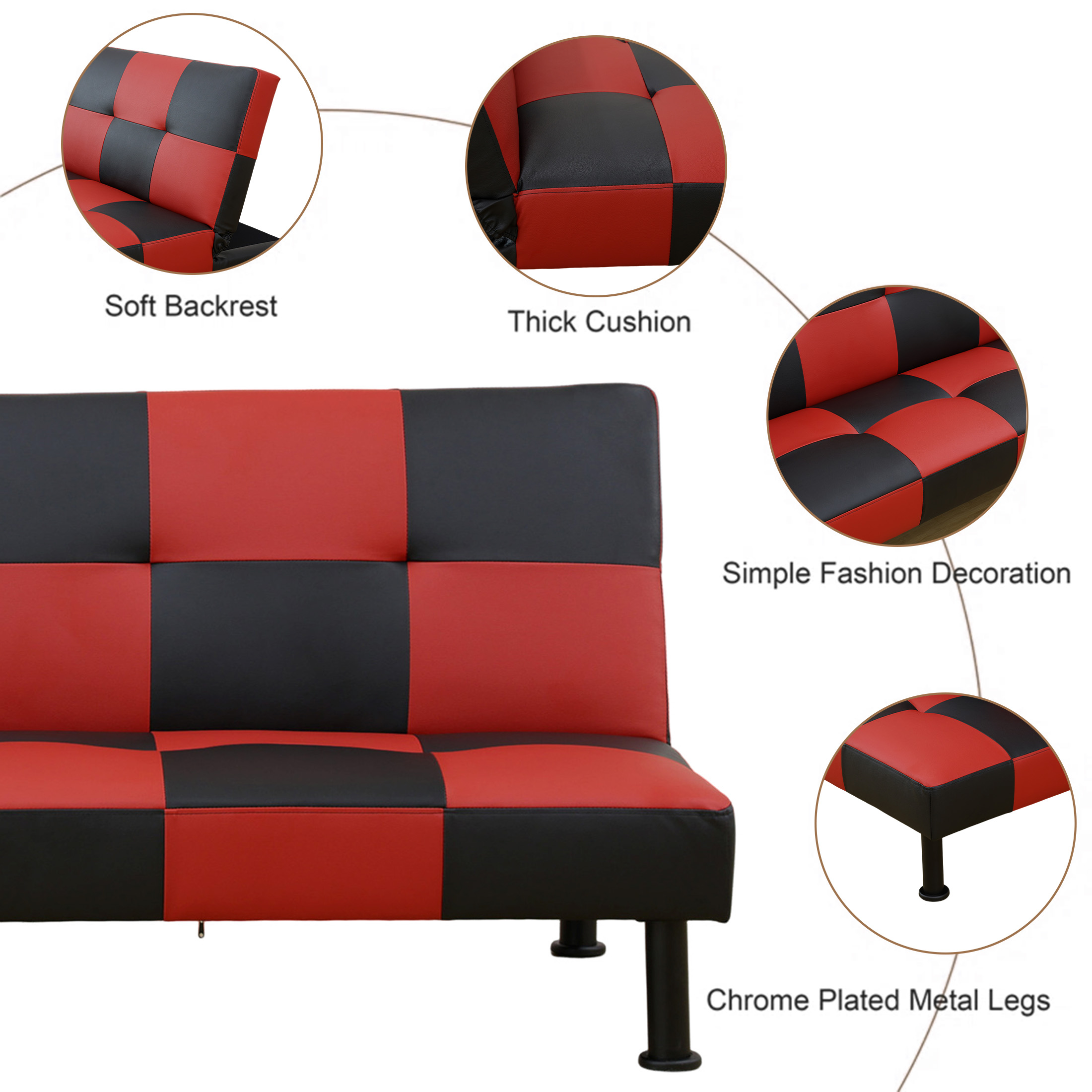 Aukfa Modern Futon Convertible Sofa Bed, Black & Red photo 2