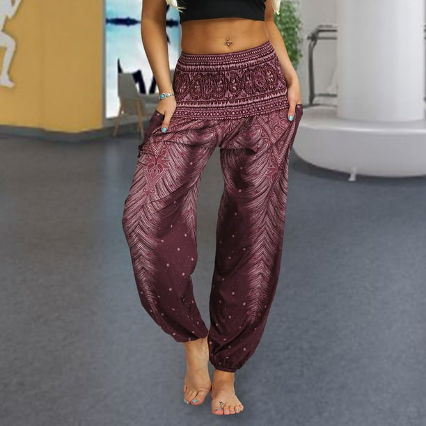 Neinkie Chic Women's Boho Pants Harem Smocked Waist Yoga Hippie Palazzo  Summer Beach Pants 